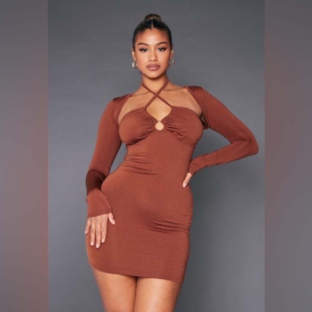 Chocolate Slinky Trim Detail Long Sleeve Mini Bodycon Dress